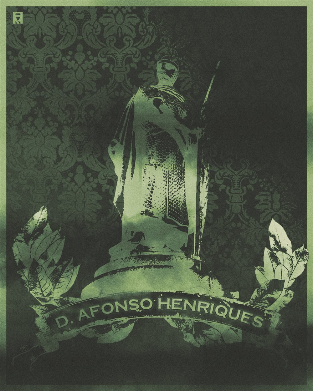 Green-toned statue of D. Afonso Henriques over a damask pattern, framed by leaves and a name banner