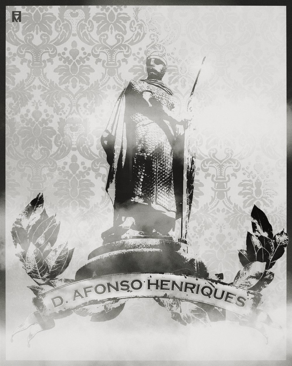 Black and white version of the D. Afonso Henriques statue poster, wrapped in fog
