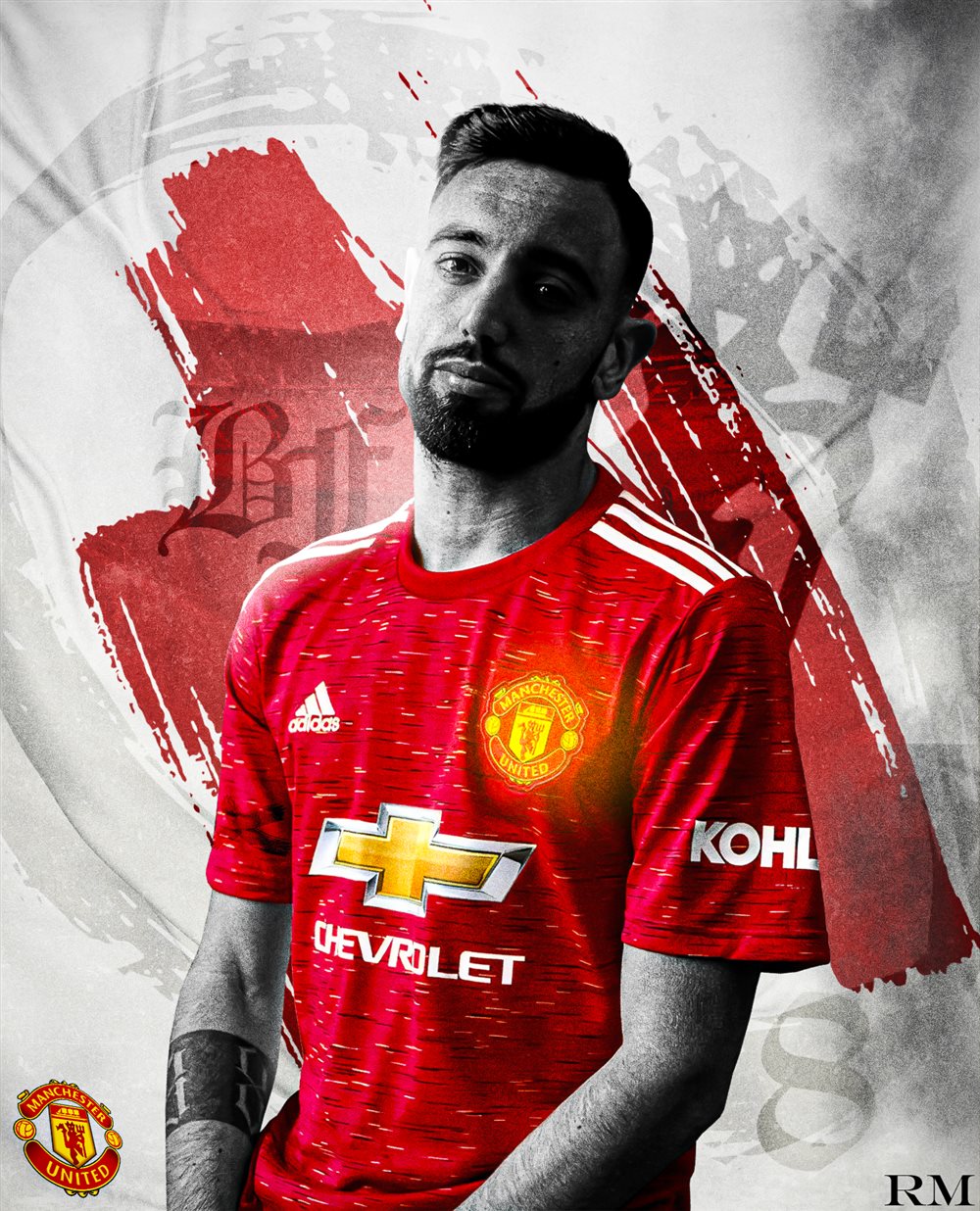 Bruno Fernandes in black and white wearing a red Manchester United shirt, over red brush strokes