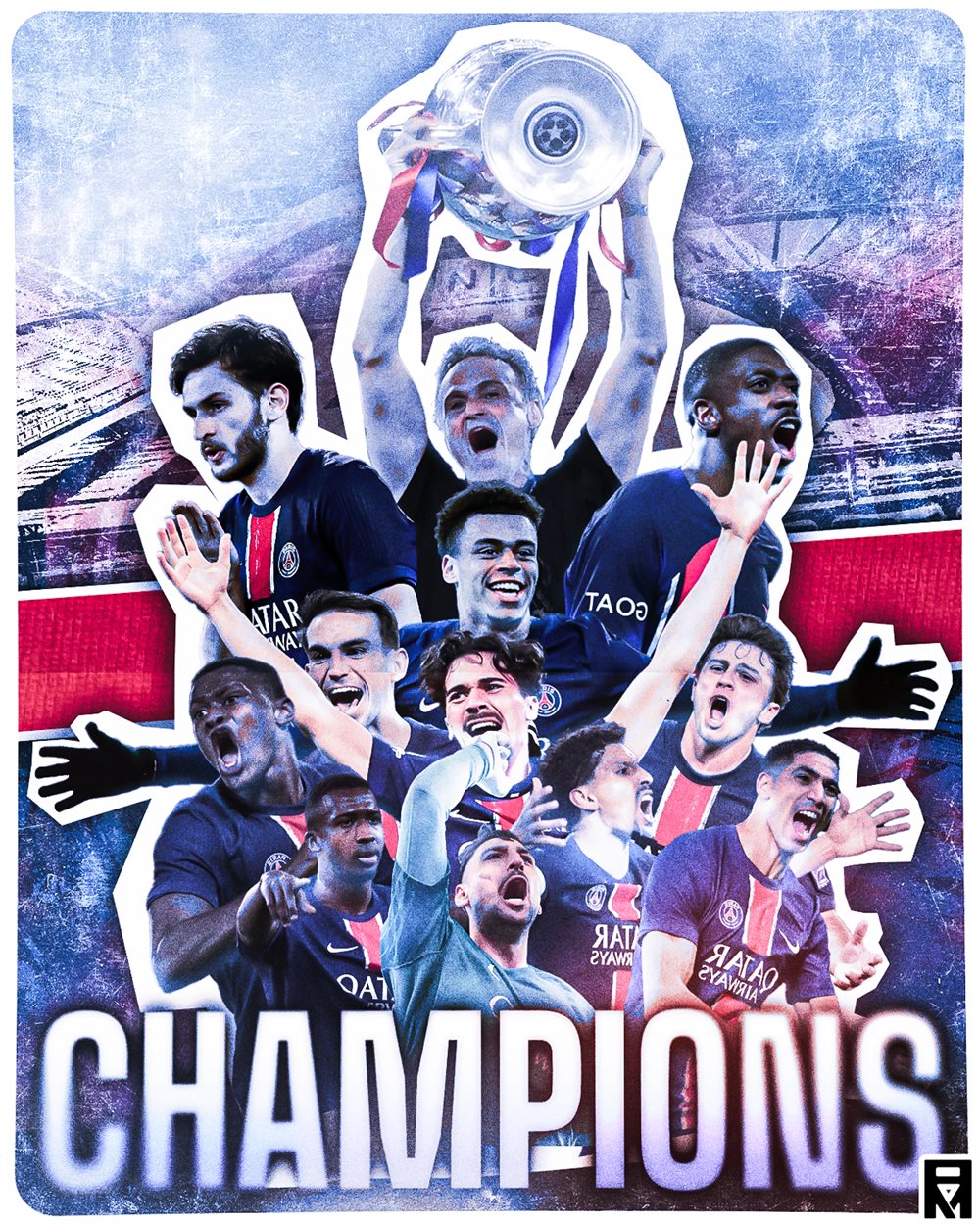 PSG players celebrating around the Champions League trophy with 'CHAMPIONS' in large letters