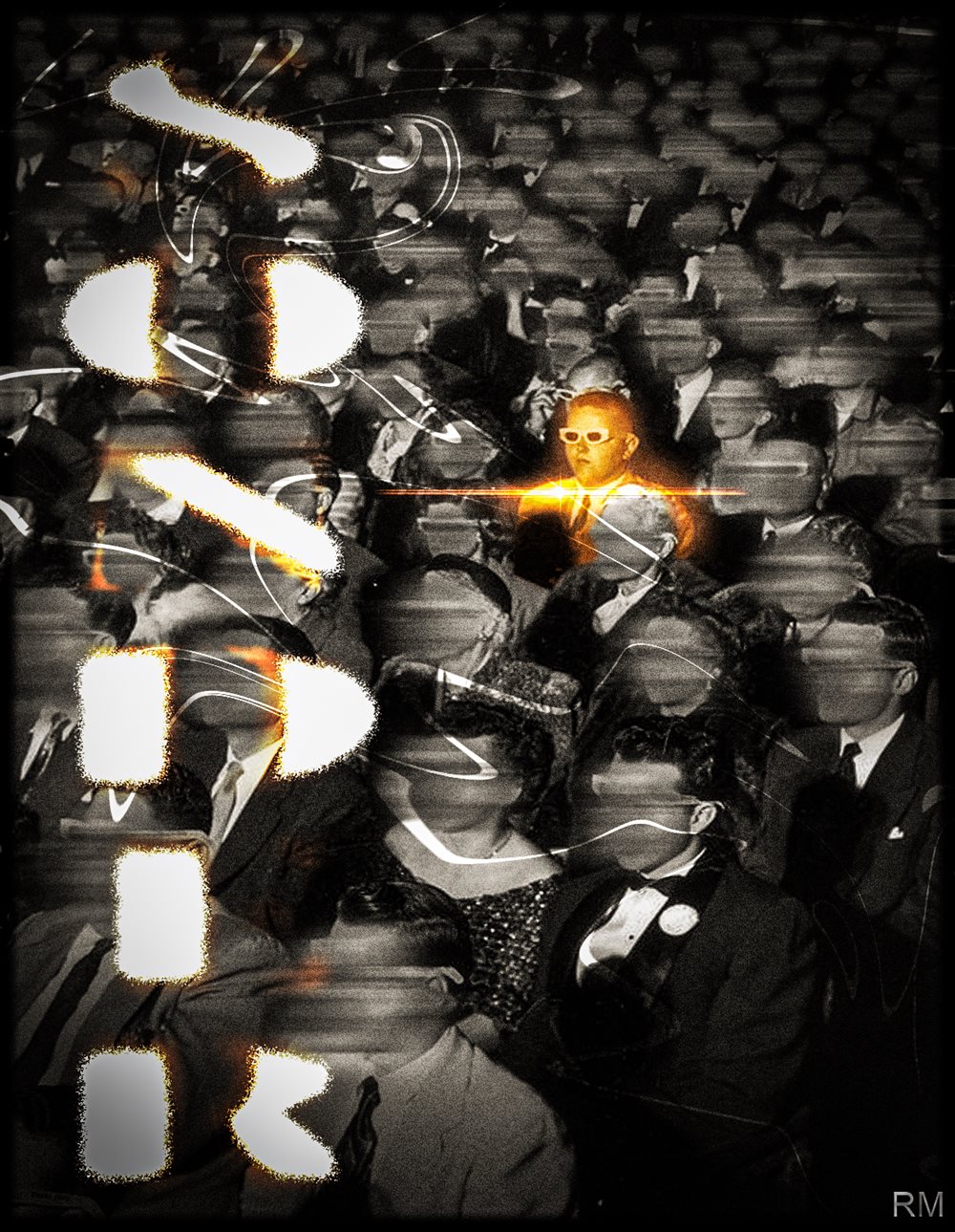 Black and white cinema audience with blurred faces; one man in white 3D glasses glows orange