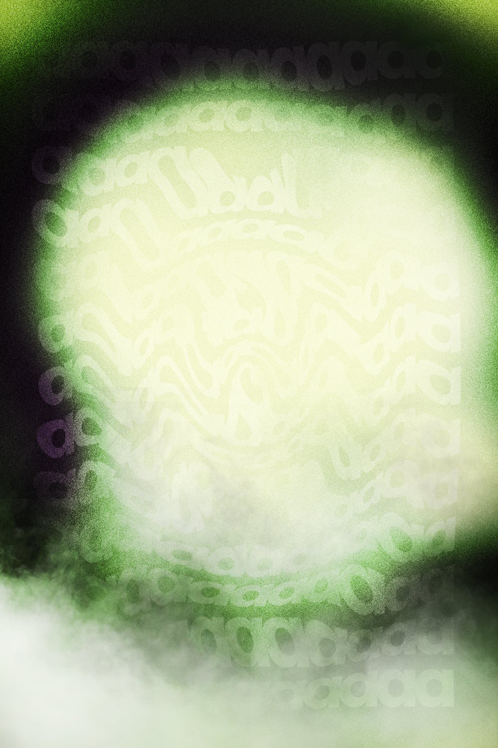 Abstract grainy green and cream glow over a warped repeating letter pattern