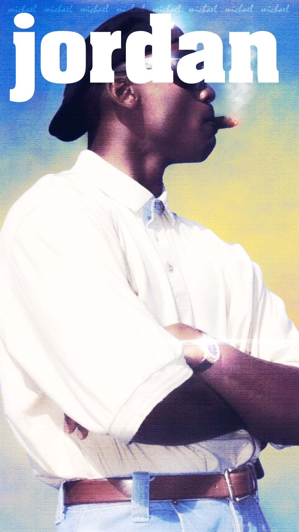 Michael Jordan in profile with a cigar and white shirt over a blue and yellow textured sky, with 'jordan' in large type