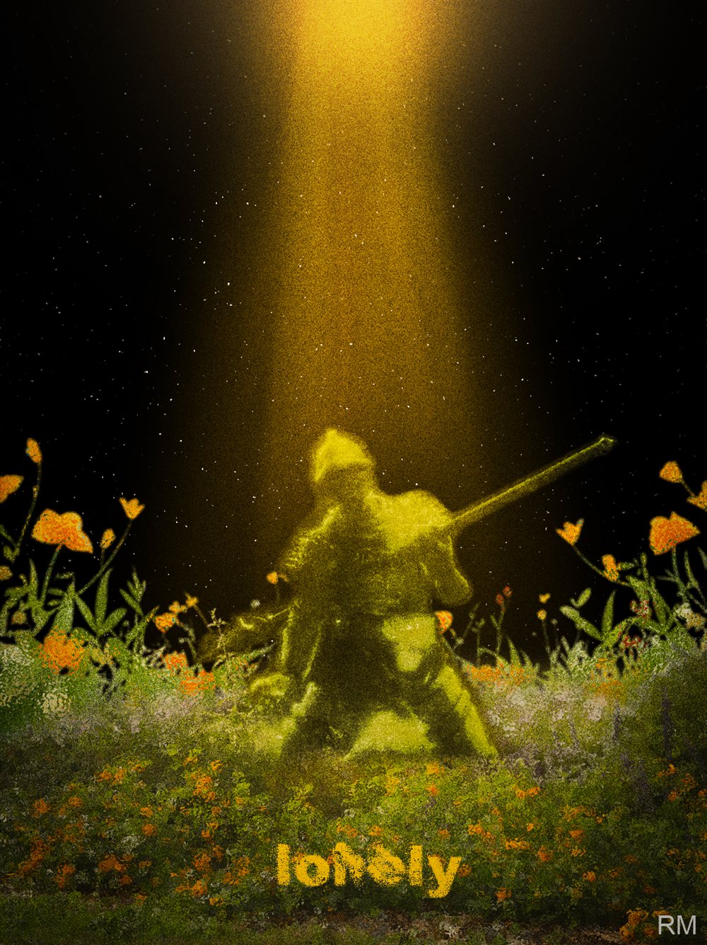 A glowing yellow soldier kneels in a field of orange flowers under a beam of light and a starry sky
