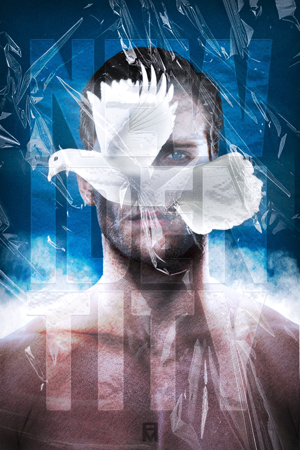 A man's portrait wrapped in plastic film, a white dove across his face and the words New Identity behind
