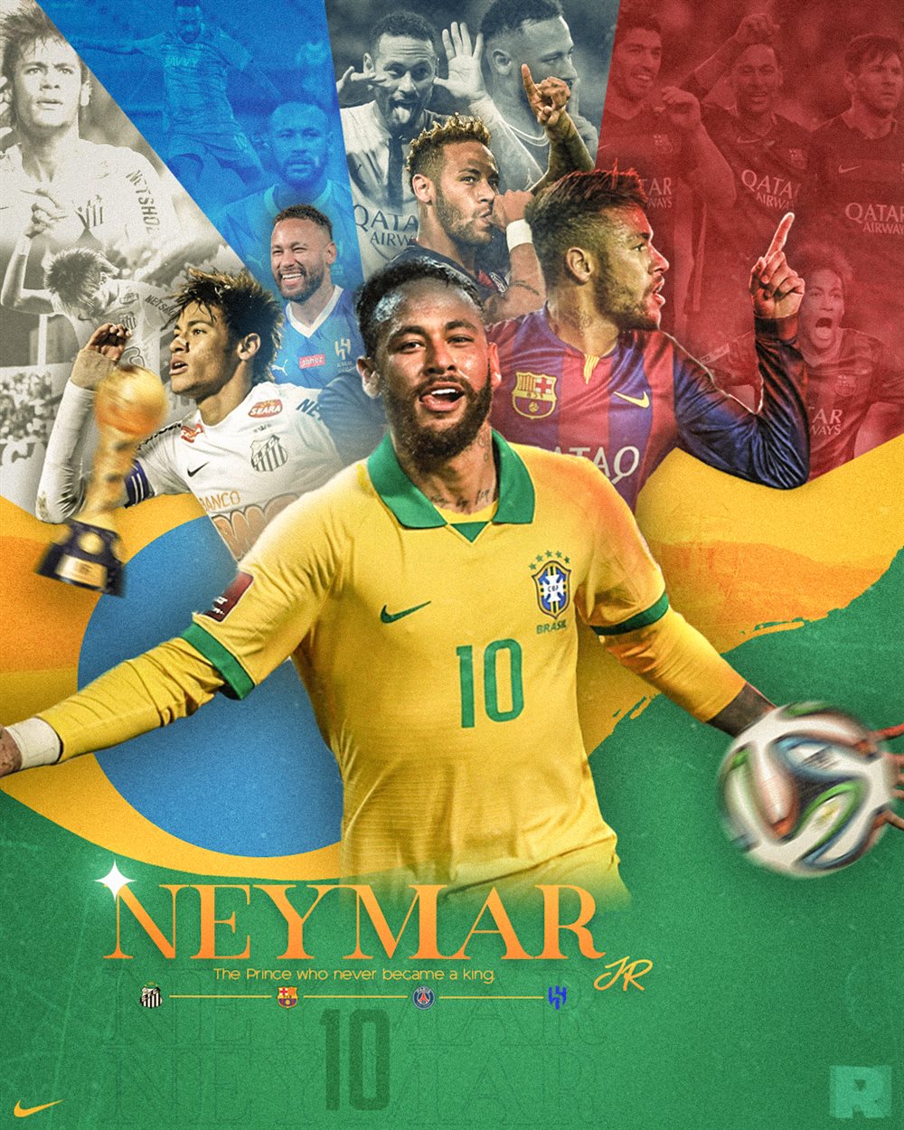 Neymar in the Brazil number 10 shirt in front of a Brazilian flag collage of his Santos, Barcelona, PSG and Al-Hilal years