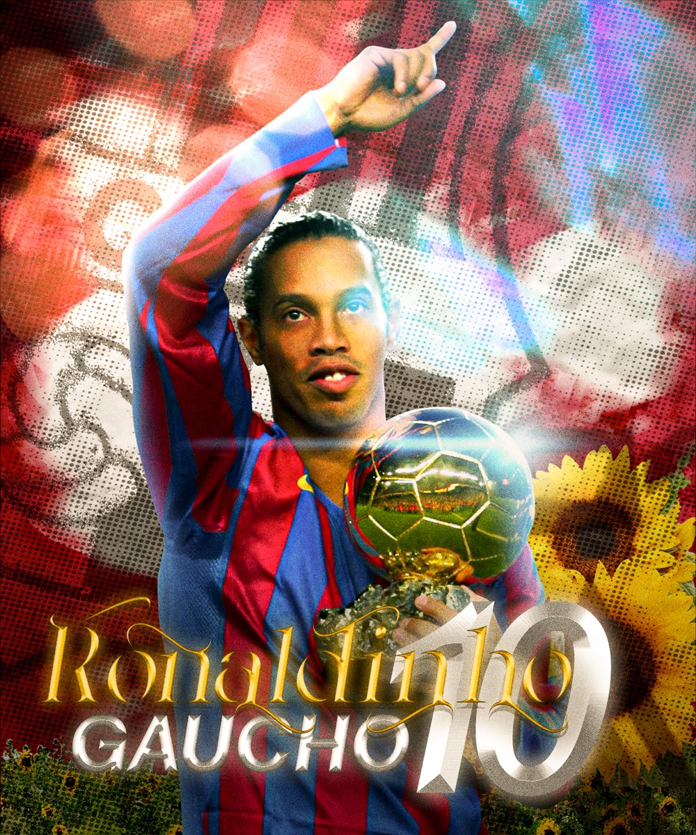 Ronaldinho in a Barcelona shirt holding the Ballon d'Or, over a halftone collage with sunflowers