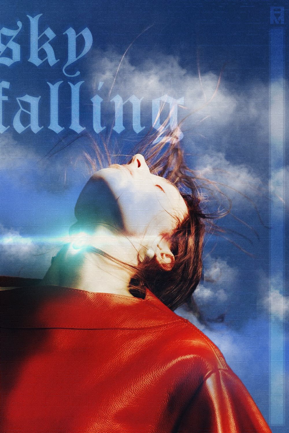 A person in a red leather jacket tilting their head back against a blue cloudy sky, with 'sky falling' in blackletter