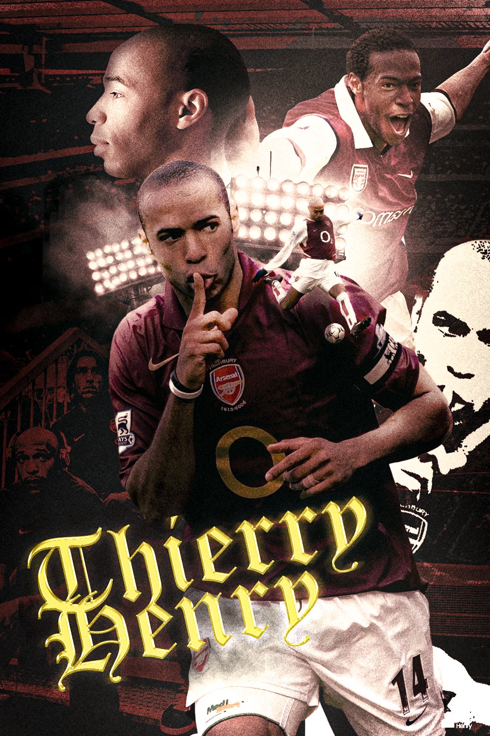 Thierry Henry in an Arsenal shirt with a finger to his lips, in a collage with stadium lights and gold blackletter type