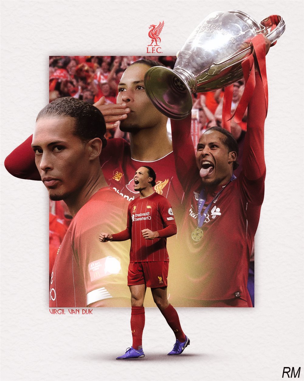 Virgil van Dijk collage in Liverpool red, lifting the Champions League trophy on a paper-textured background