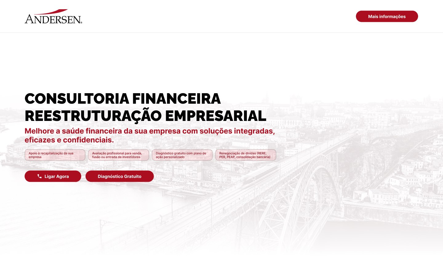 Andersen landing page design: financial consulting and business restructuring headline in black and red over a faded city bridge photo