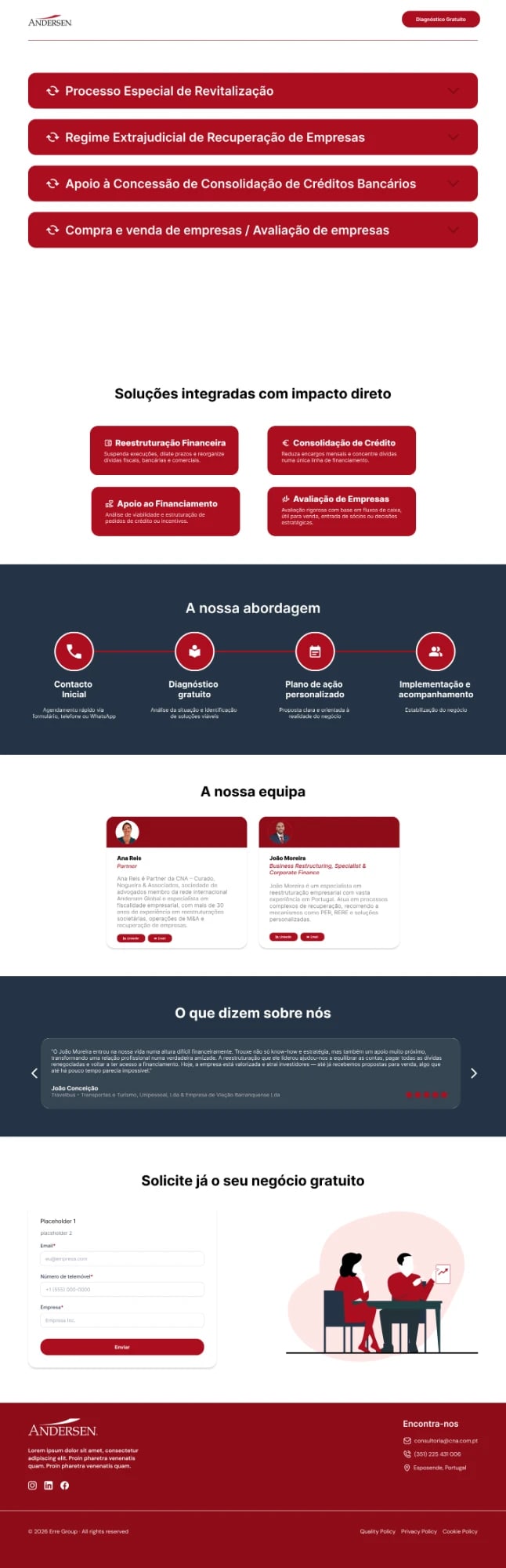 Second concept: service accordions at the top, followed by solutions, approach, team, testimonials and form