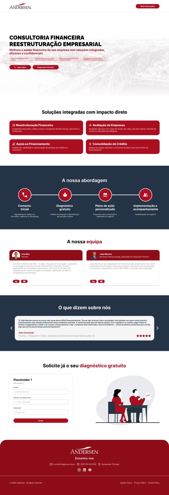 Andersen landing page: hero over the faded bridge photo, solution cards, approach steps, team, testimonials and the diagnosis form