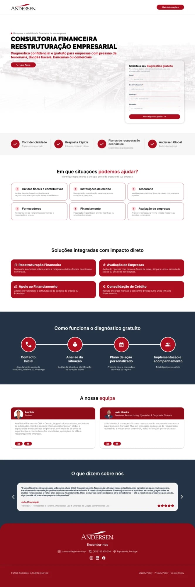 Variation with the diagnosis form in the hero, trust badges, situation cards and the four-step process