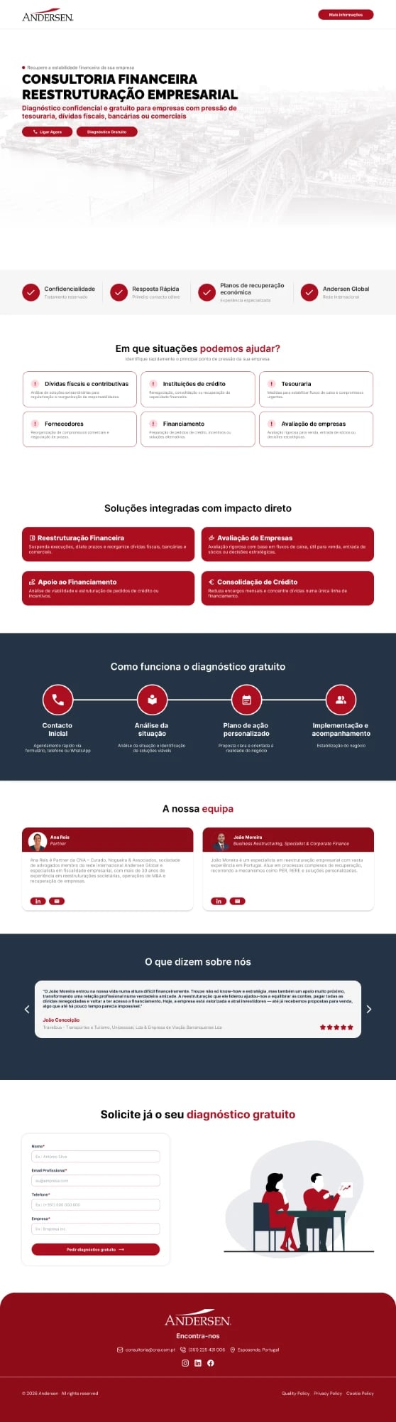 Landing page with trust badges, 'Em que situações podemos ajudar?' cards and 'Como funciona o diagnóstico gratuito'