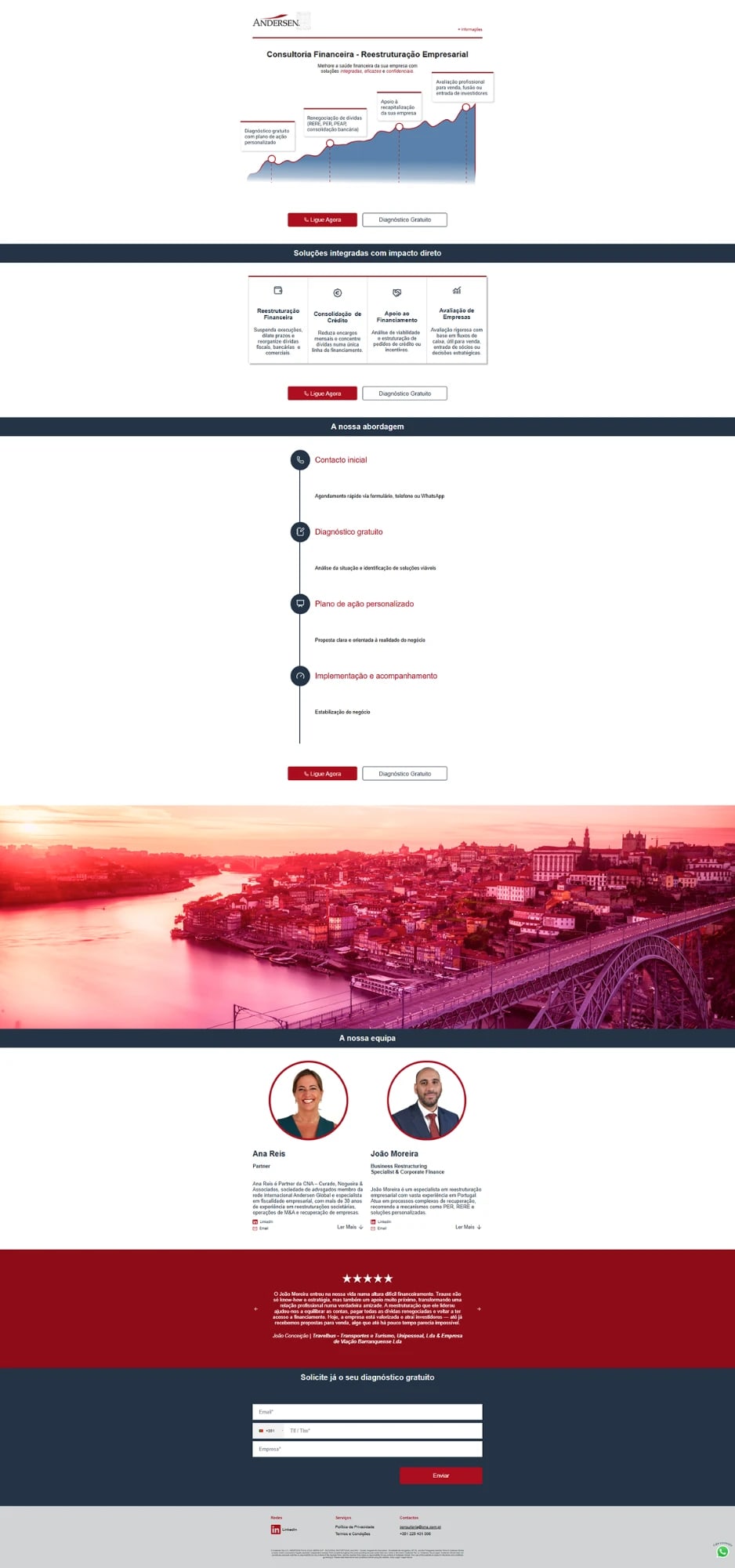 Original landing page: growth chart with service labels, a red-tinted photo of Porto, team, testimonial and a contact form