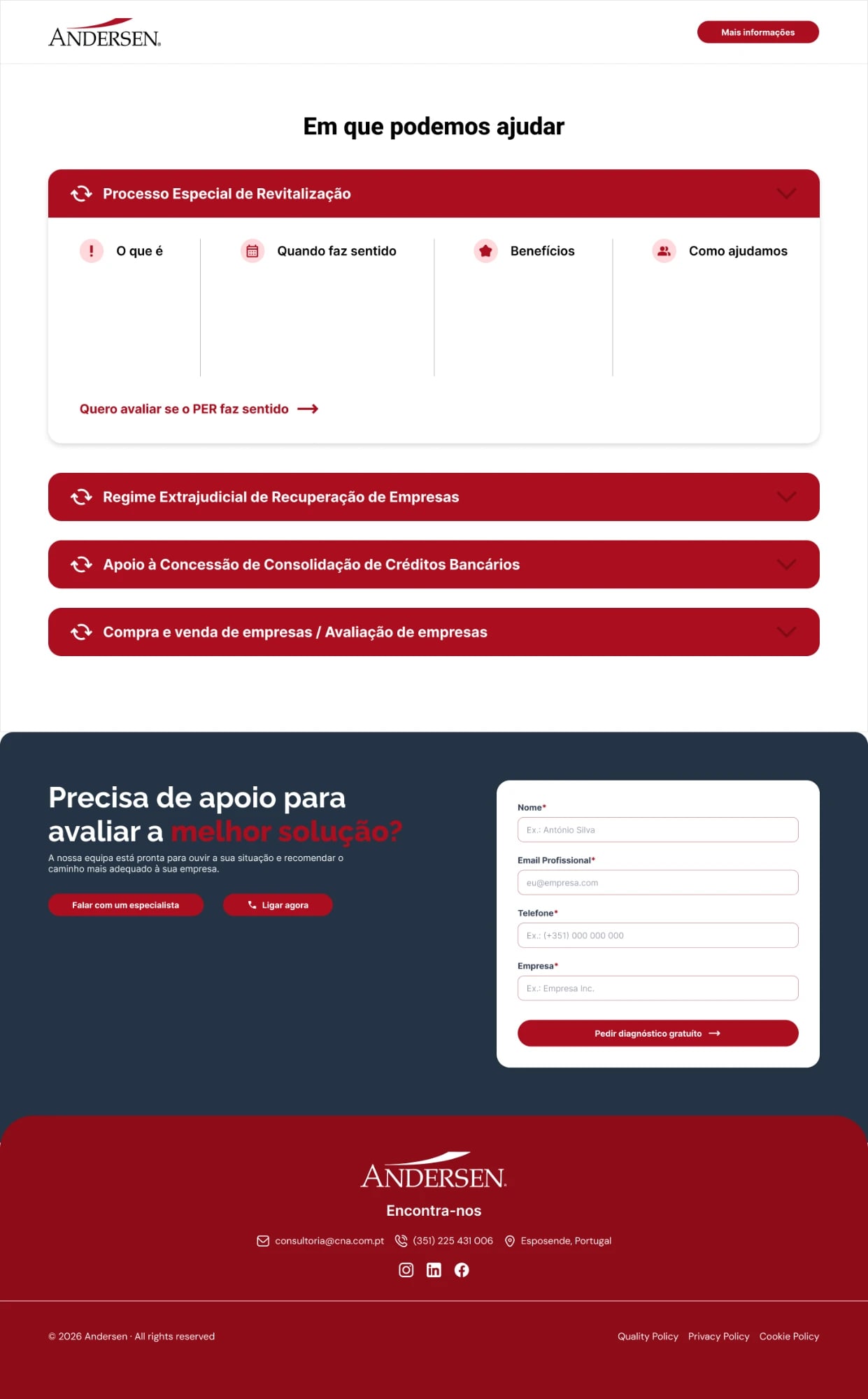 Andersen services page: red accordions for each restructuring mechanism and a diagnosis form on a navy band