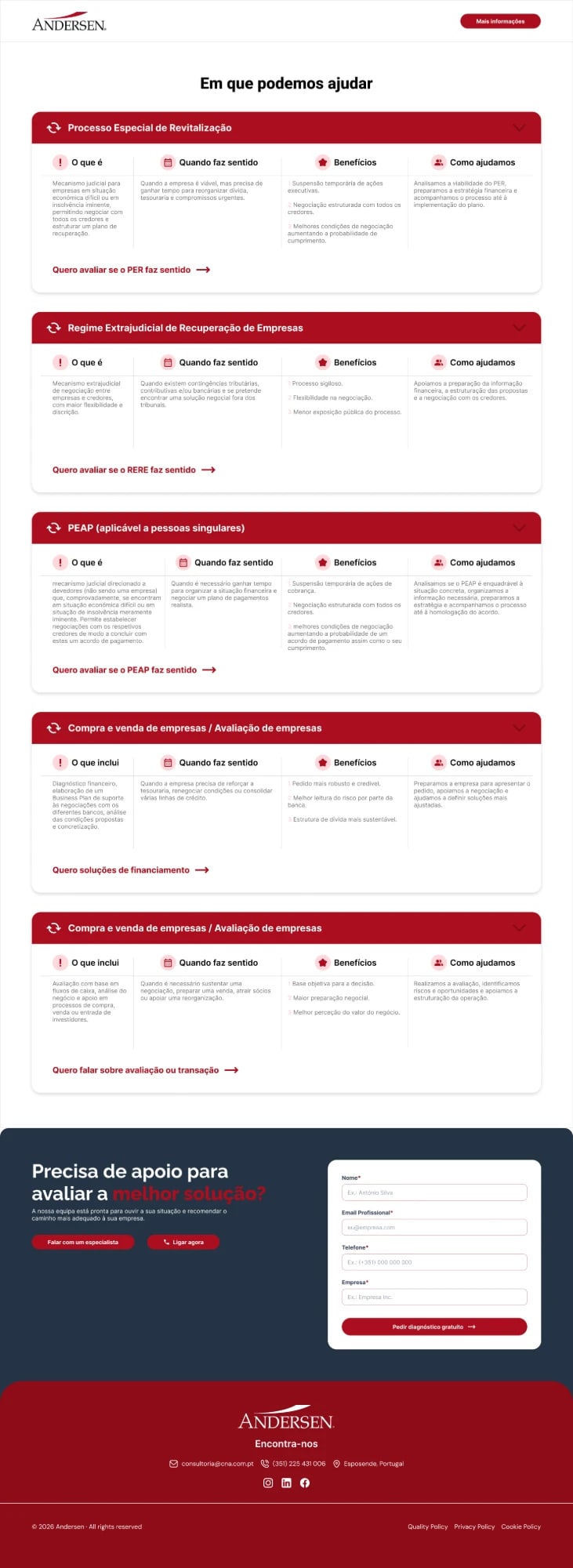 Services page with every accordion open, showing what each mechanism is, when it makes sense, its benefits and how the team helps