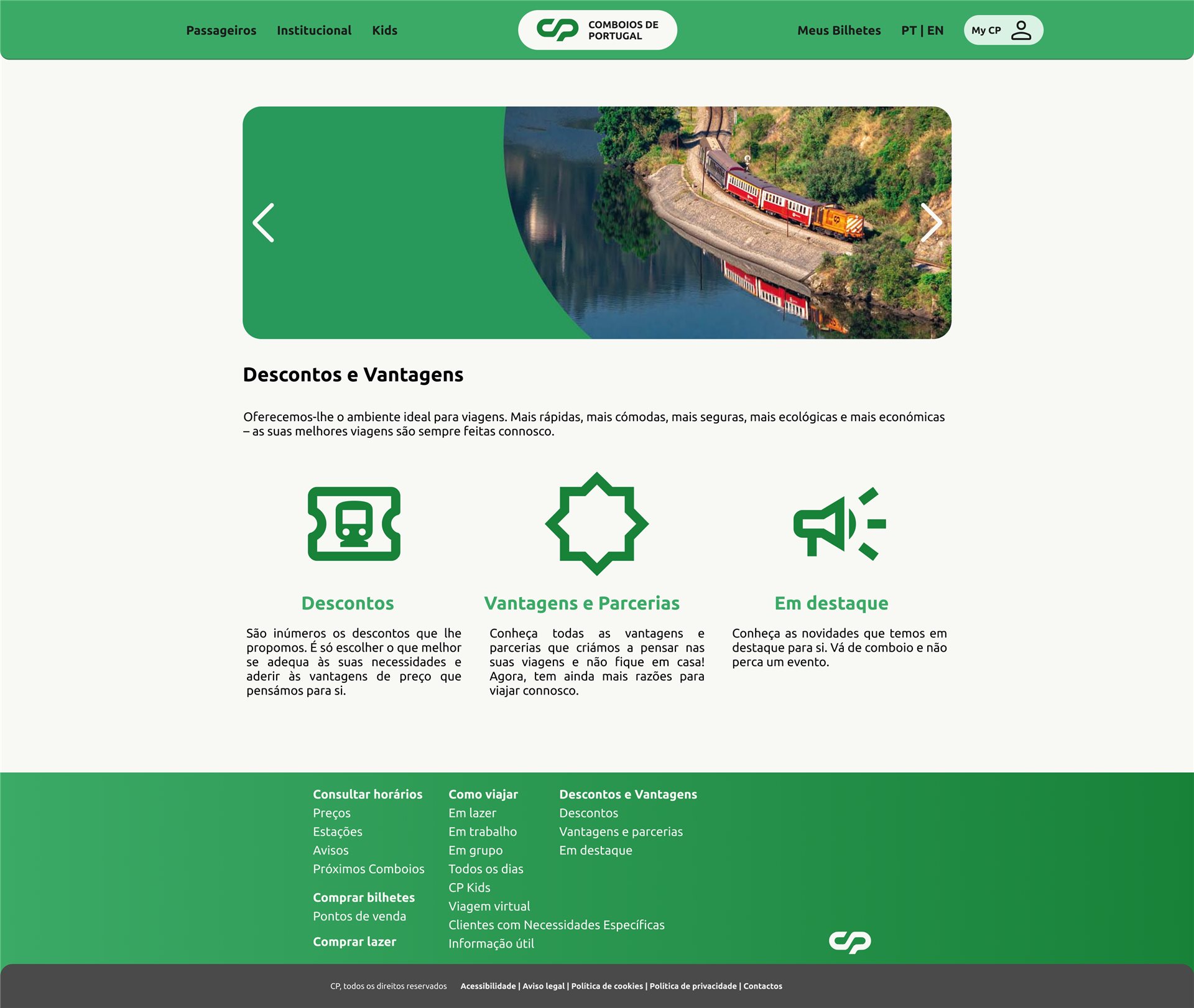 Discounts and advantages page with a Douro train banner and three icon columns