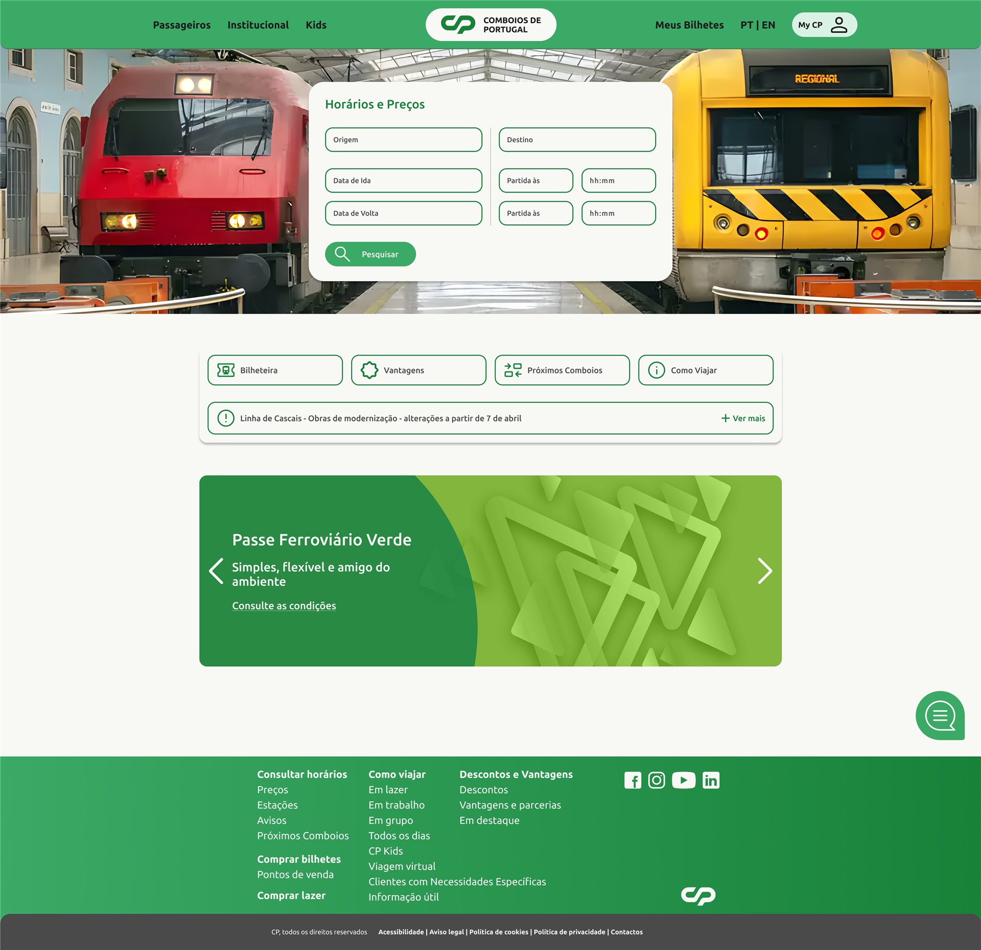 CP redesign desktop homepage: green header, 'Horários e Preços' search card over a photo of two trains, quick links, a service notice and the Passe Ferroviário Verde banner
