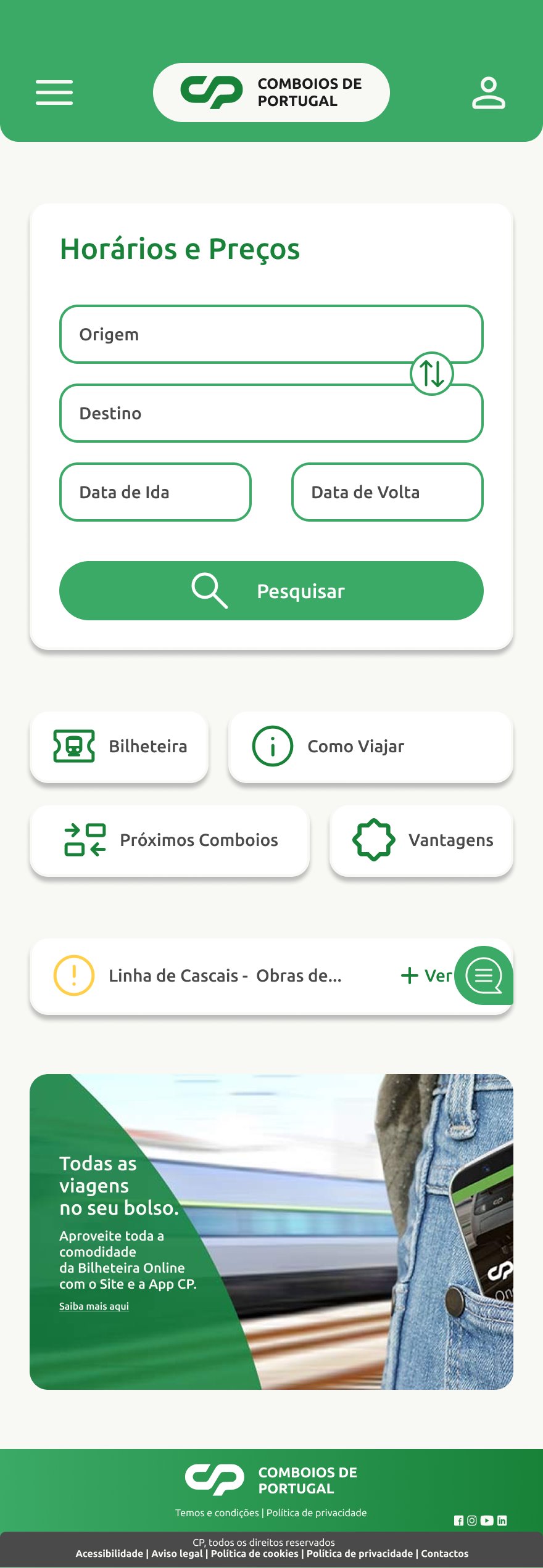CP redesign mobile homepage: 'Horários e Preços' search form, quick-link tiles, a service notice and the 'Todas as viagens no seu bolso' banner