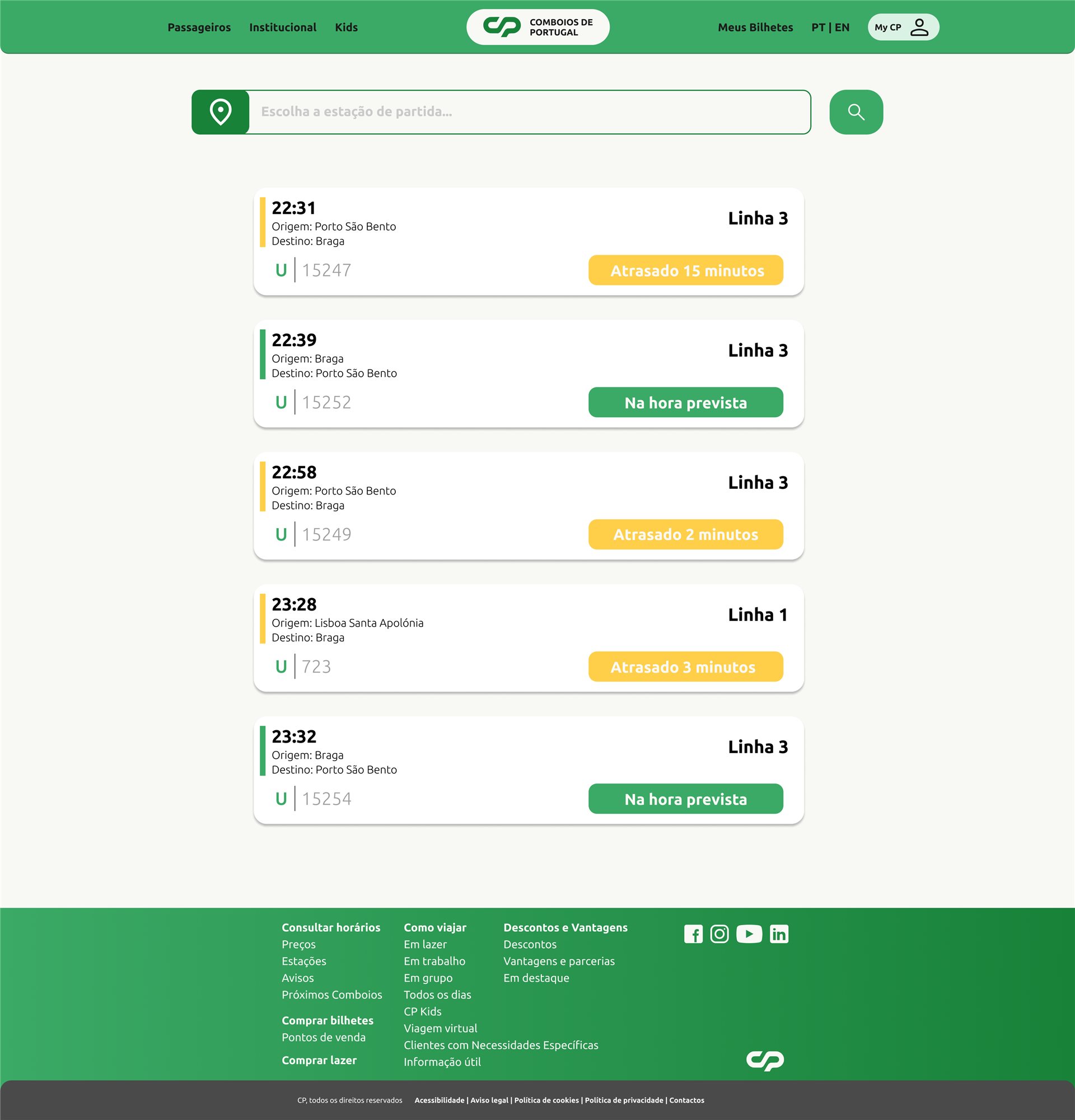 Next trains page with departures marked on time in green or delayed in yellow
