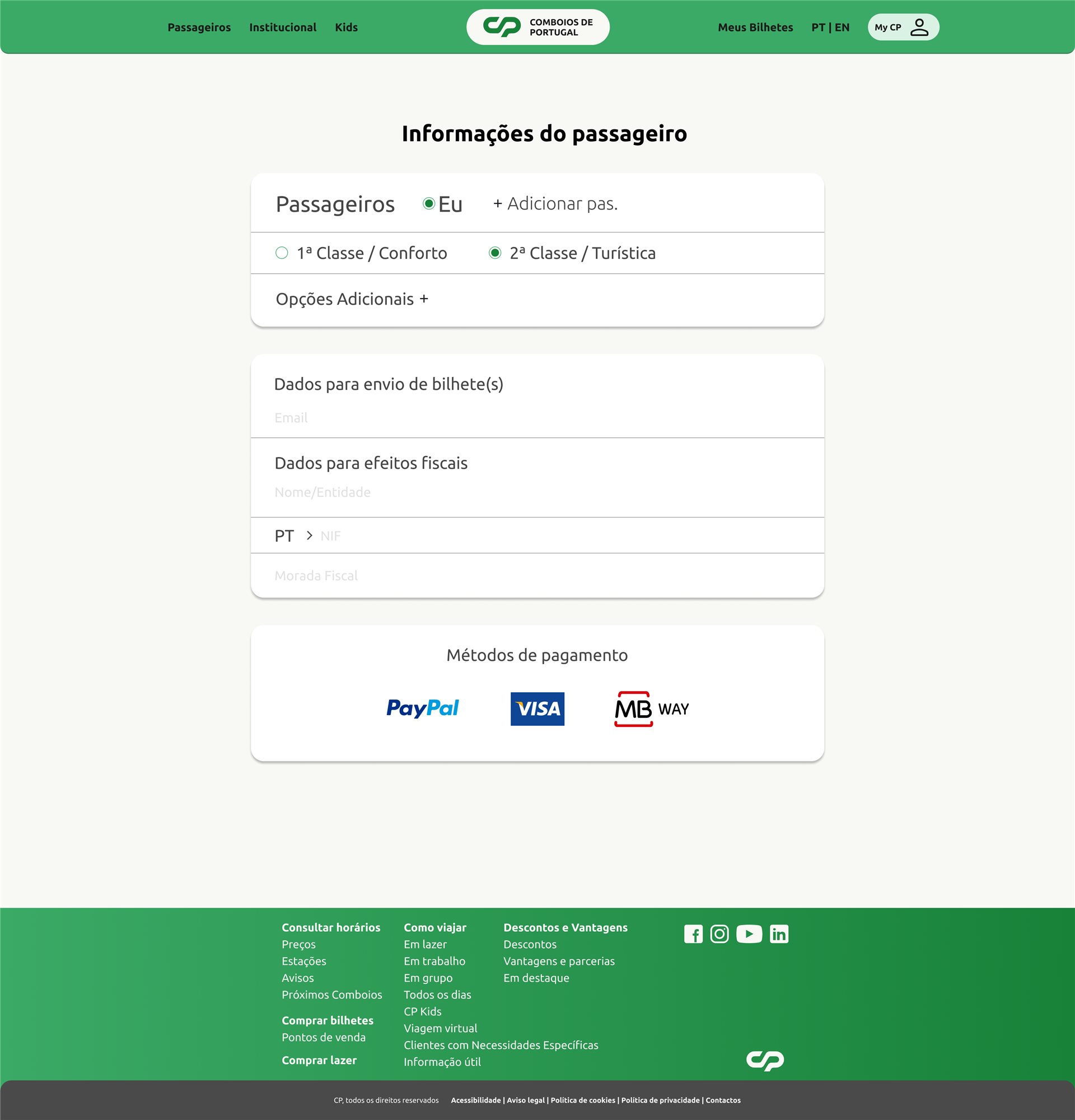 Passenger information form with class selection, ticket and billing details and PayPal, Visa and MB Way