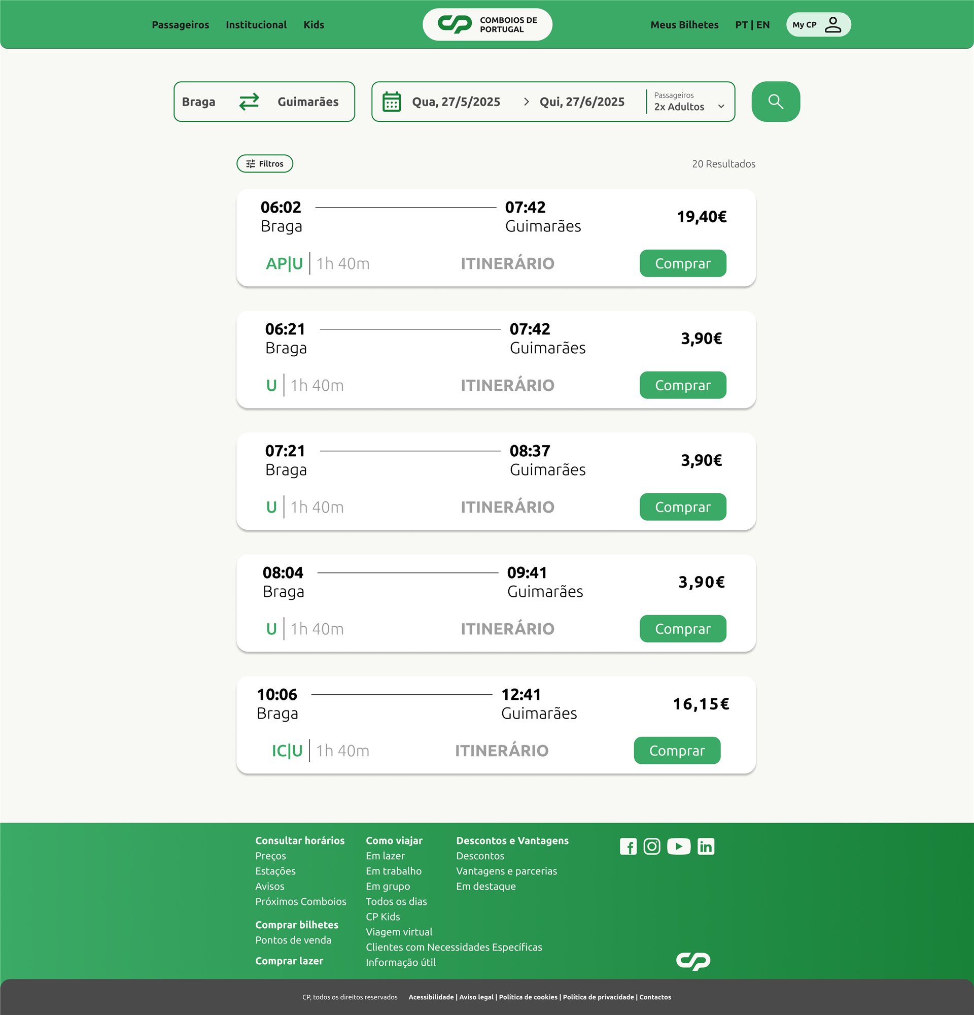 CP redesign search results: Braga to Guimarães trains listed as cards with departure and arrival times, service type, price and a Comprar button