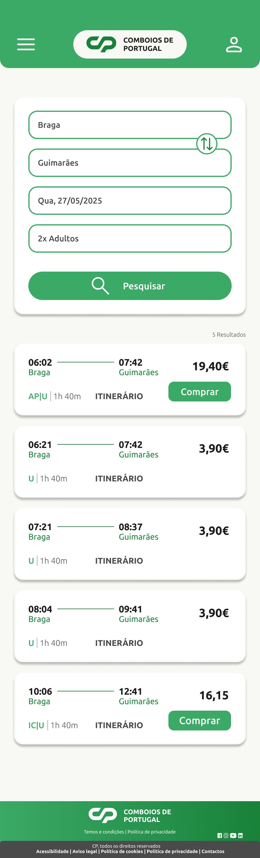 Mobile search results with train cards