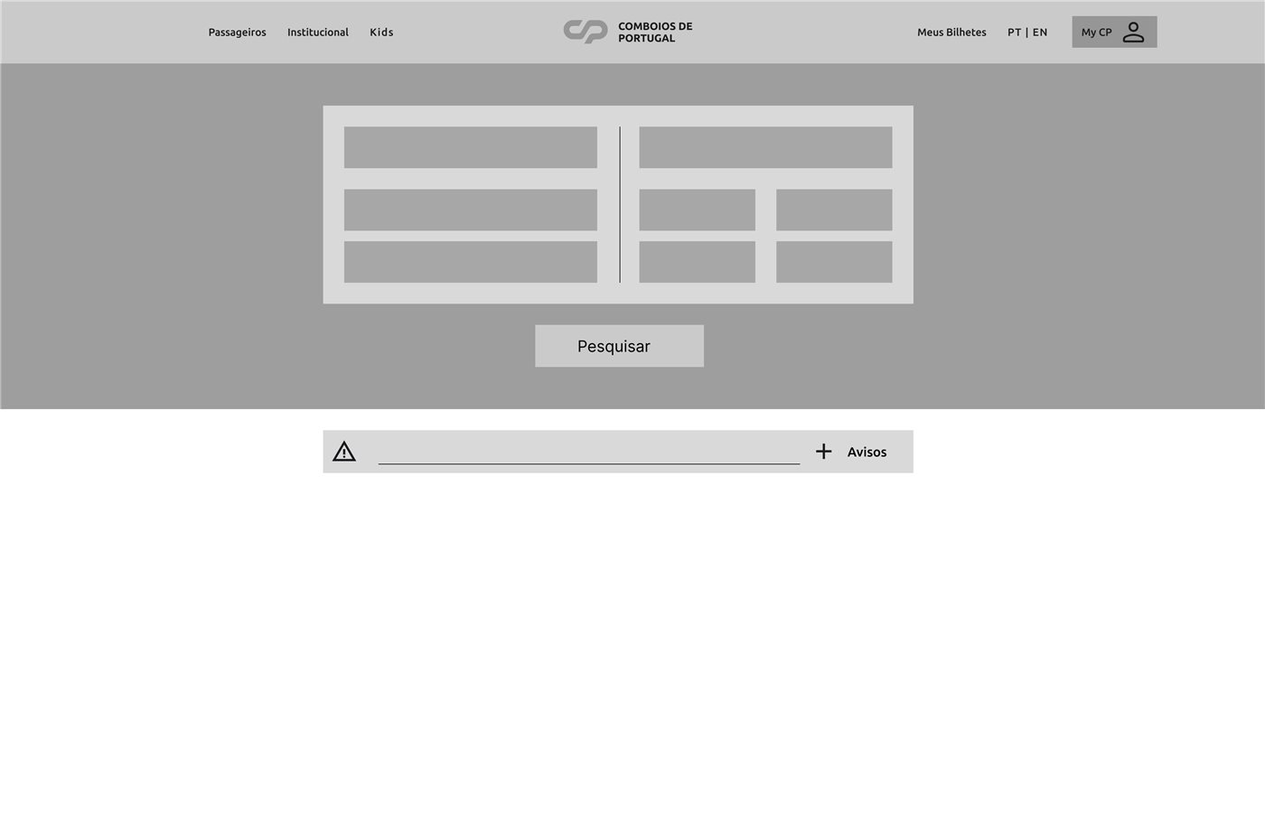 Homepage wireframe: search form over the hero with a notices bar below