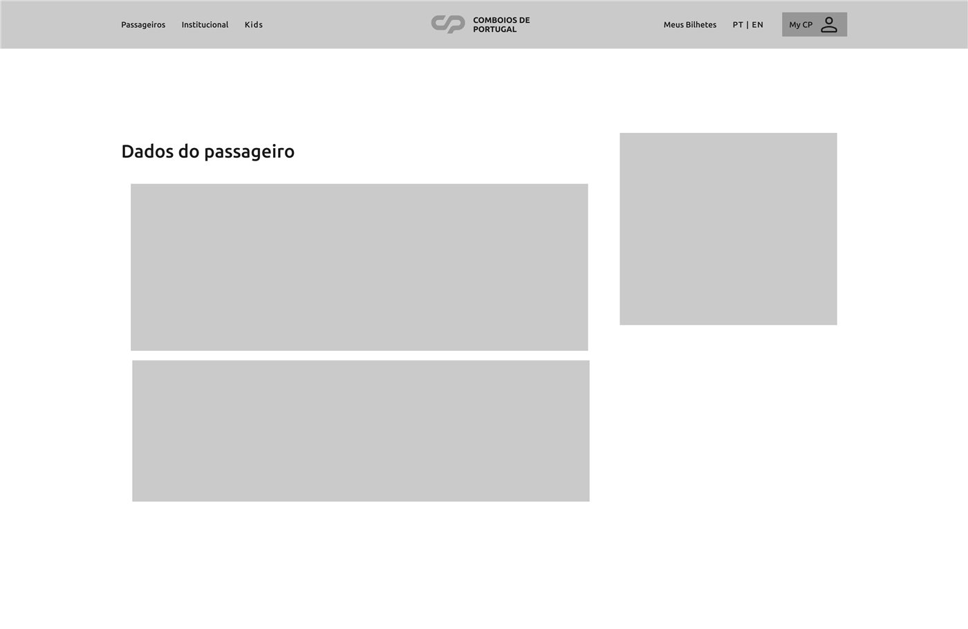 Passenger details wireframe: form blocks with a summary panel on the right