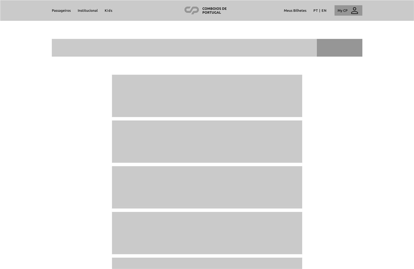 Results wireframe: search bar and a list of train result blocks