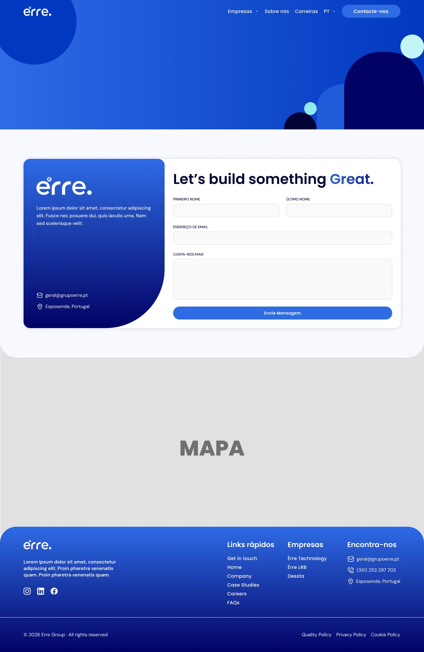 Contact page with a split card: blue brand panel and contact form
