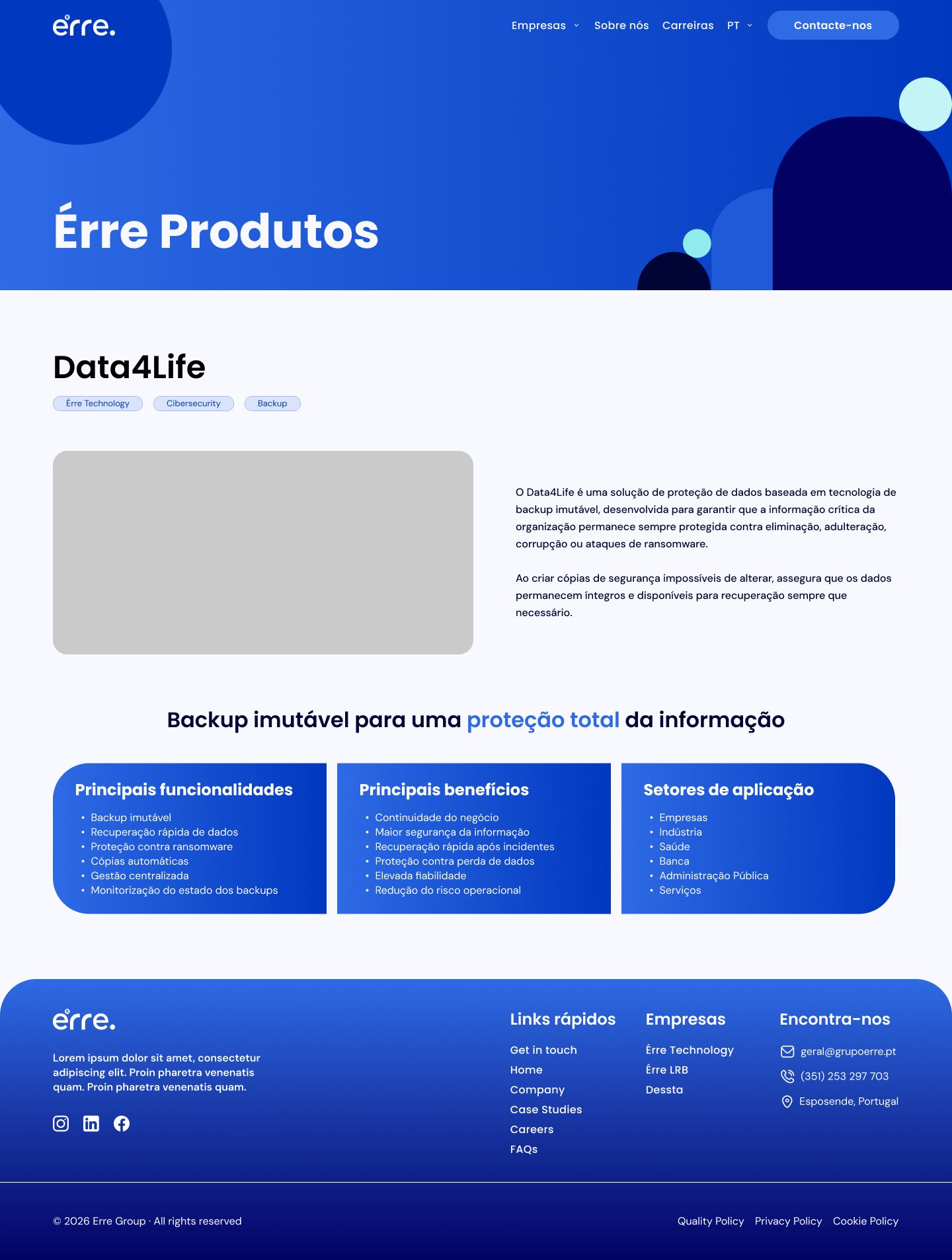 Data4Life product page with tags, a description and three blue feature cards