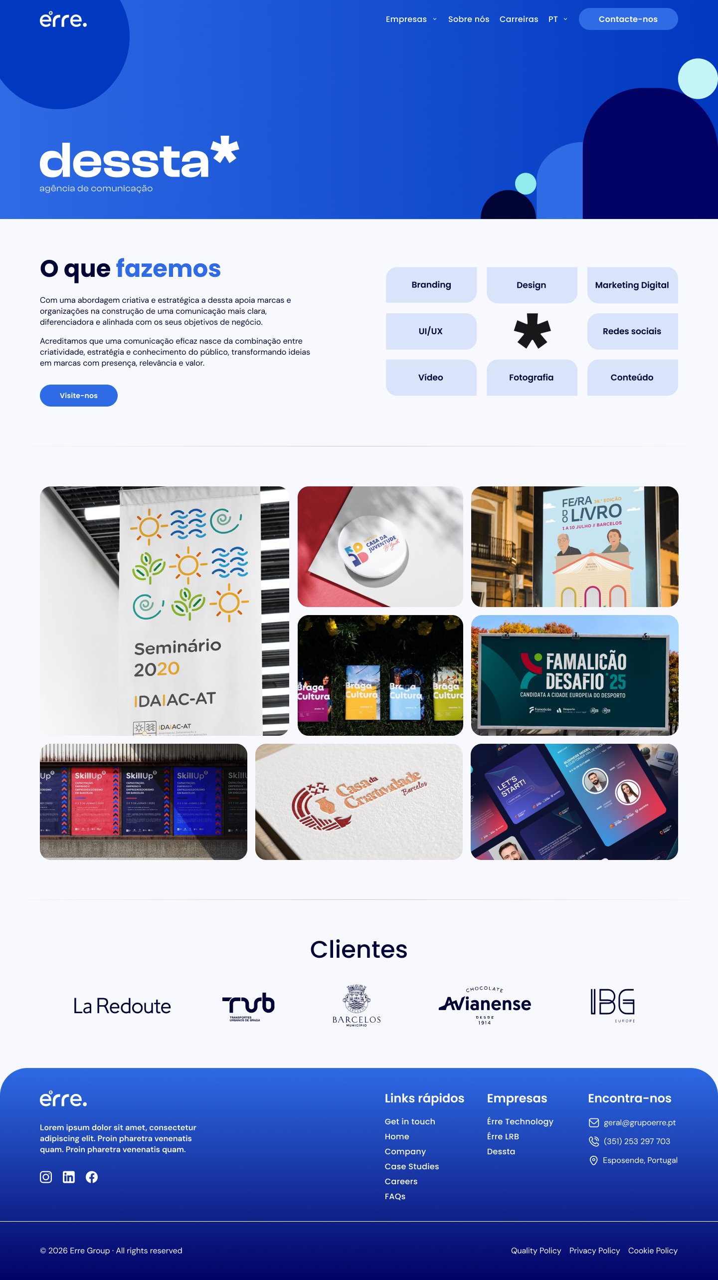 Dessta company page: 'O que fazemos' with service tags around the dessta asterisk, a gallery of branding and poster work, and client logos