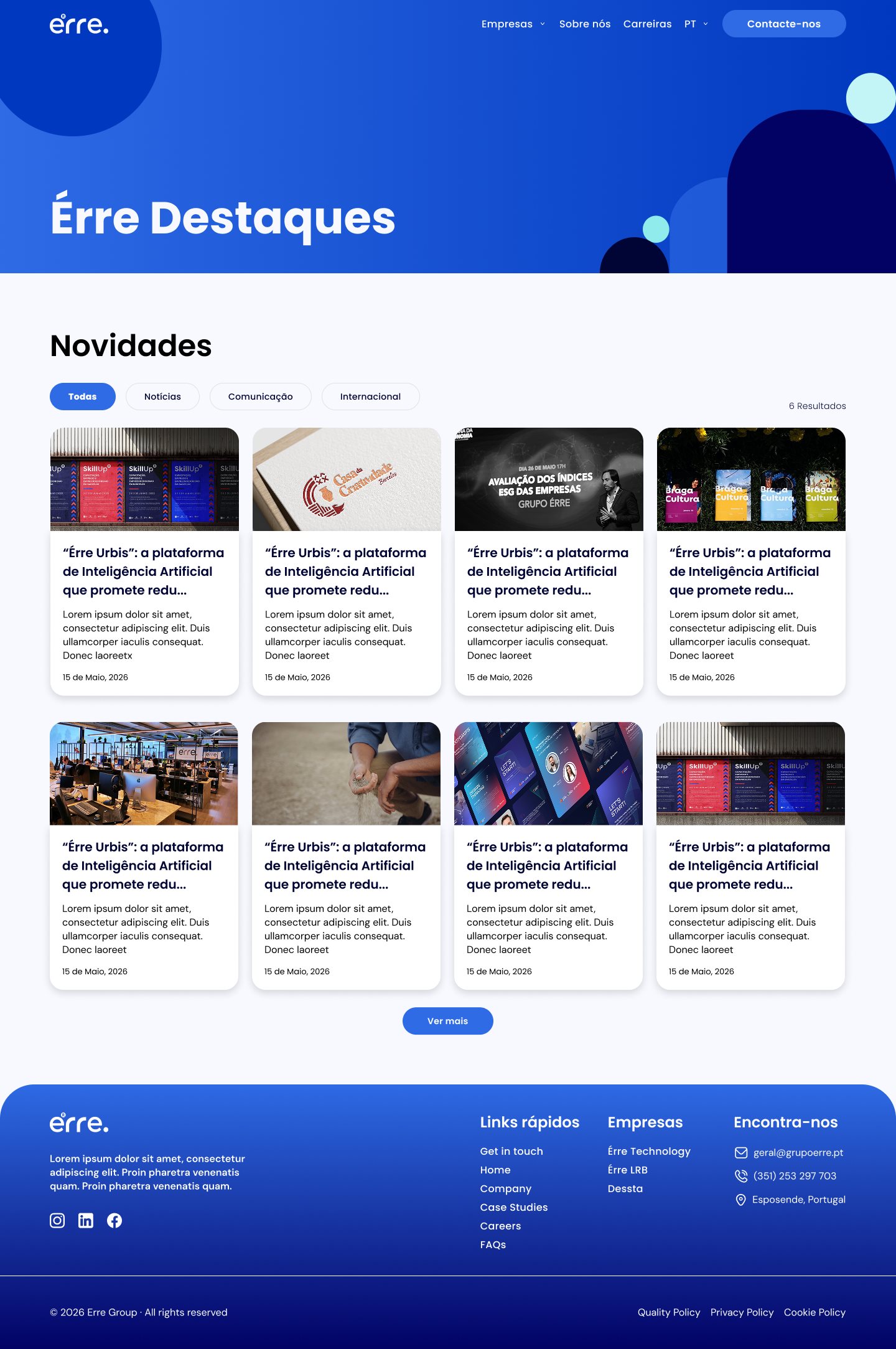 Érre Destaques news page with filter pills and a grid of news cards