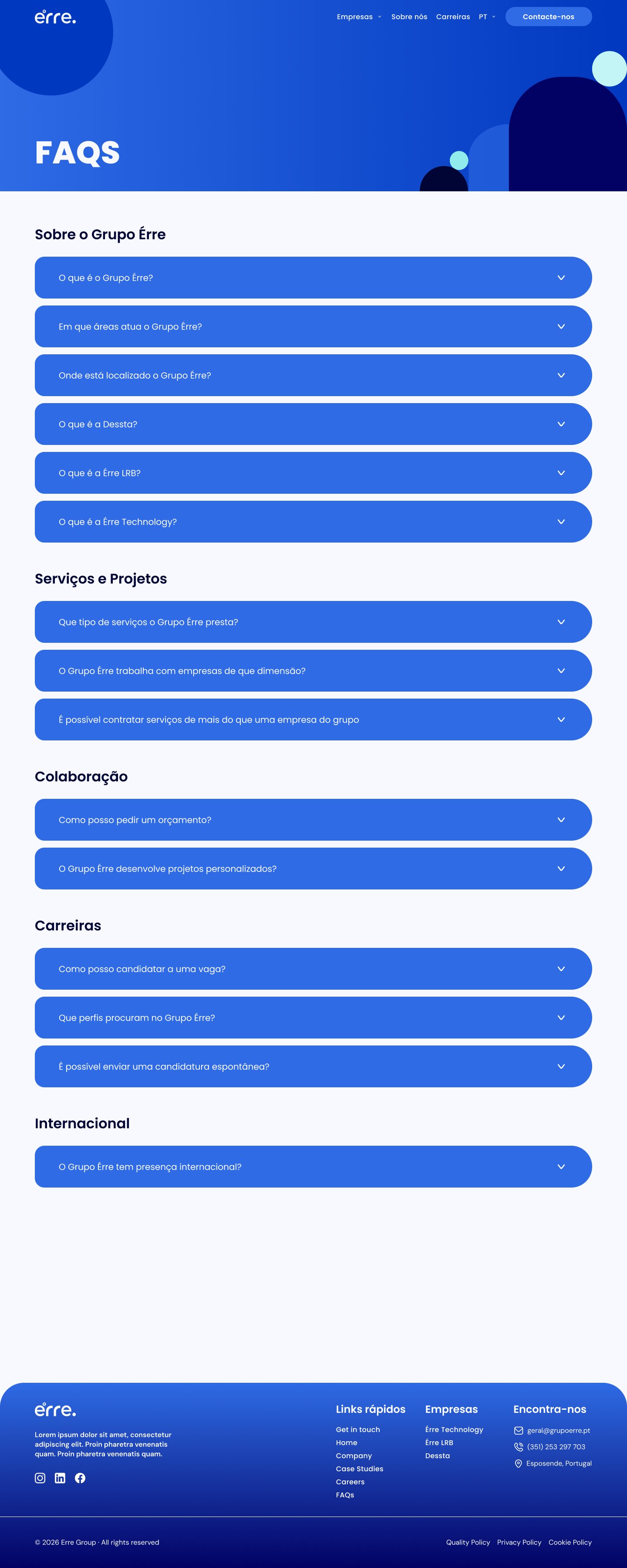 FAQs page with grouped blue accordion questions