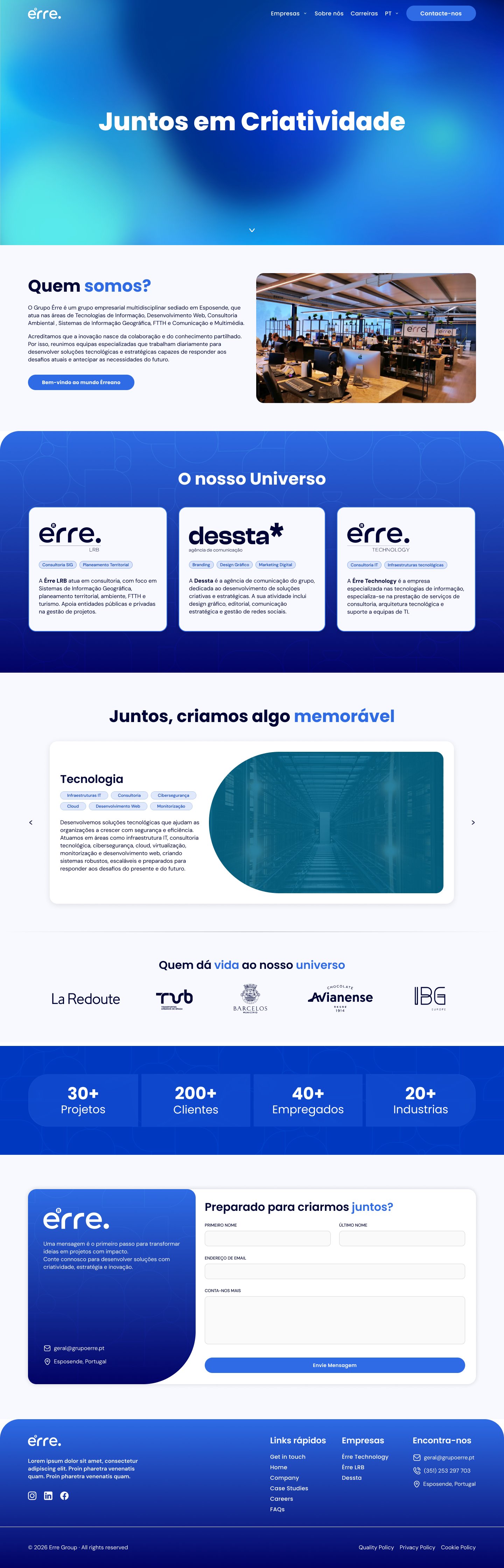 Grupo Érre desktop homepage: 'Juntos em Criatividade' blue gradient hero, 'Quem somos?' with an office photo, the group's three companies, a projects carousel, client logos, stats and a contact form