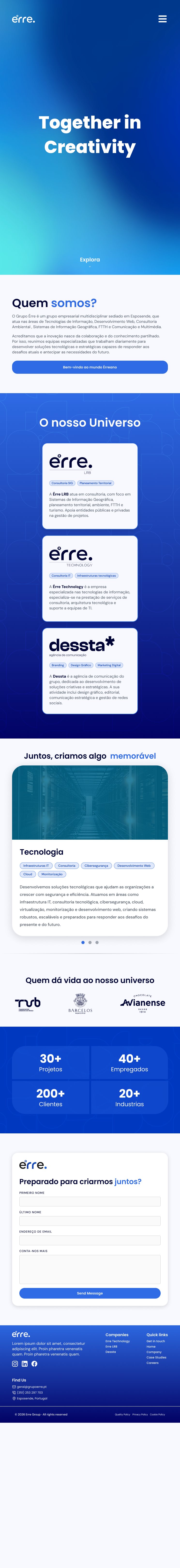Grupo Érre mobile homepage: 'Together in Creativity' hero, stacked company cards, stats and contact form