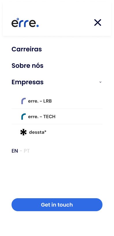 Mobile menu with Carreiras, Sobre nós, Empresas and language switch