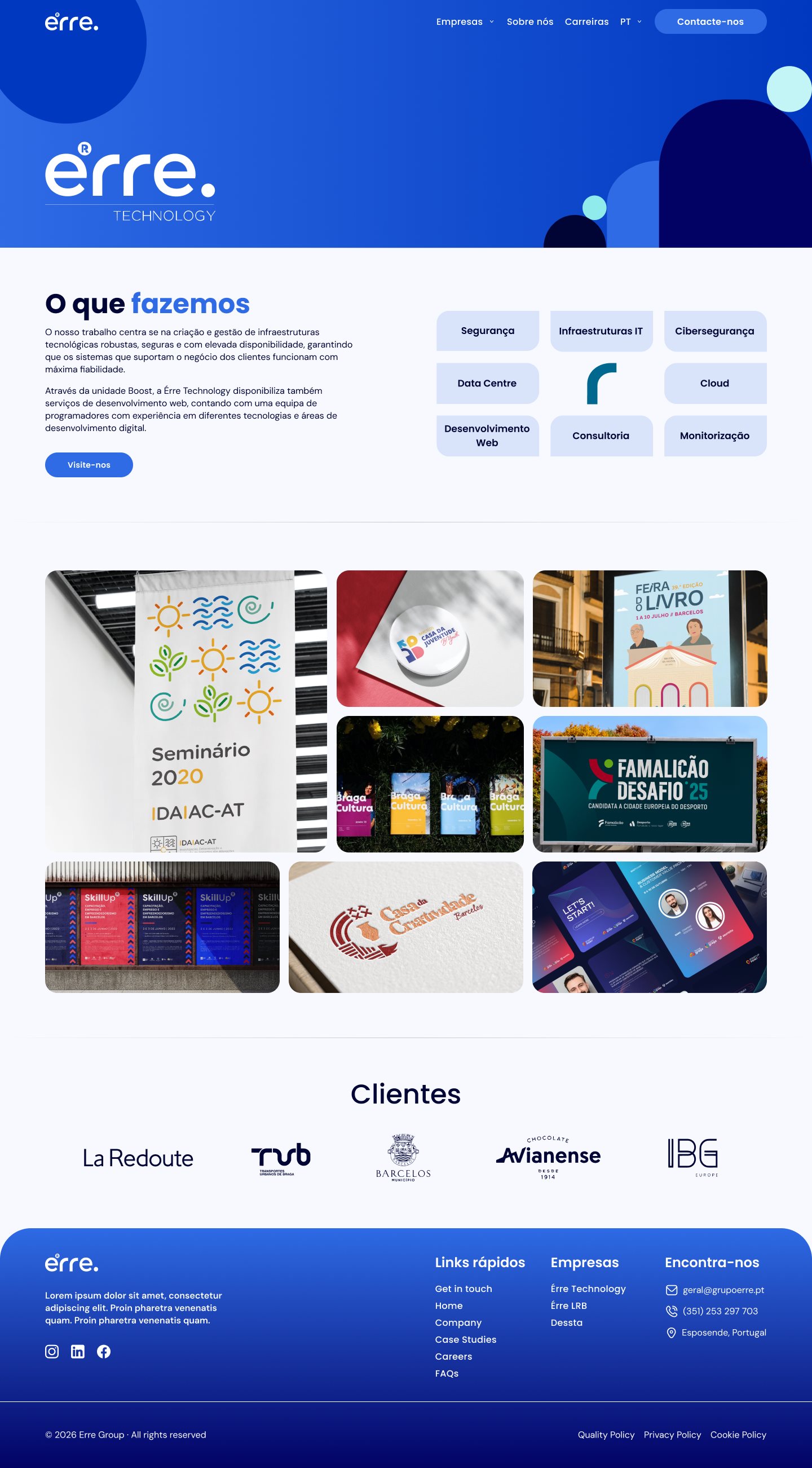 Érre Technology company page with services such as Segurança, Cloud and Cibersegurança around its mark