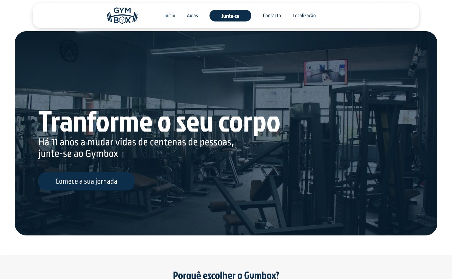 Gymbox website design: rounded navigation bar and a 'Transforme o seu corpo' hero over a dark-blue gym photo
